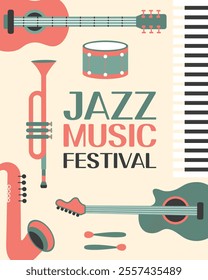 Jazz poster background template for music festival with guitar, saxophone, trumpet, piano keys. Event flyer design. Vintage retro style illustration