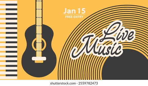 Jazz poster background template for music festival. Classical guitar and lettering, event flyer design. Illustration in vintage retro style