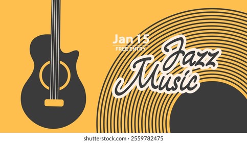 Jazz poster background template for music festival. Classical guitar and lettering, event flyer design. Illustration in vintage retro style