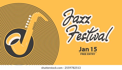 Jazz poster background template for music festival. Saxophone, record and lettering, event flyer design. Vintage retro style illustration