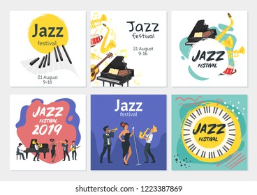 Jazz poster background. Vector set template for festival event with musical instruments and singer character. Square composition.