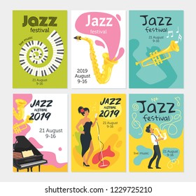 Jazz poster background. Vector set template for festival event with musical instruments and singer character. Vertical composition.