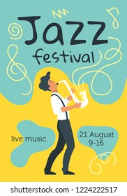 Jazz poster background. Vector template for festival event with saxophone musician minimalist silhouette.