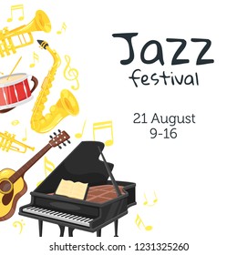 Jazz poster background. Vector template for festival event with musical instruments at the border.