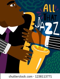 Jazz poster. Clubbing sax music placard contemporary style, saxophonist african jazz man club modern flyer for blues instruments night vector illustration