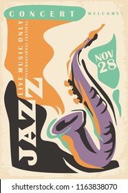 Diseño de afiche de jazz con dibujo artístico de saxofón. Anuncio musical colorido para el festival de conciertos de jazz.