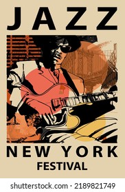 Jazz poster with guitar player in New York, Brooklyn - Vector illustration (Ideal for printing, poster or wallpaper, house decoration) 
