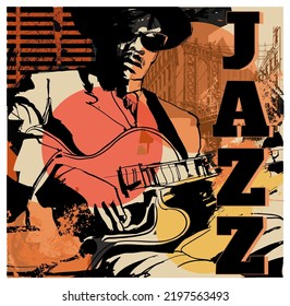 Jazz poster with guitar player in New York, Brooklyn - Vector illustration (Ideal for printing, poster or wallpaper, house decoration) 
