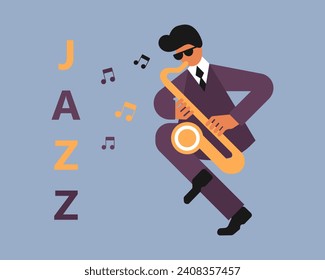 Jazz poster, musician with saxophone. Music banner, invitation, flyer. Flat style, vector