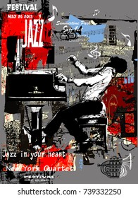 Afiche de jazz con pianista sobre fondo negro - ilustración vectorial