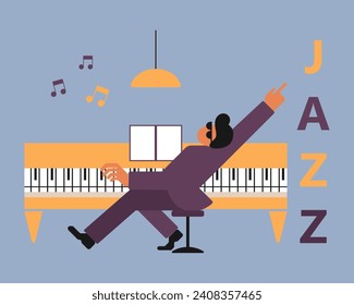 Jazz poster, pianist plays the piano. Music banner, invitation, flyer. Flat style, vector