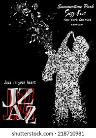 Afiche de jazz con representación de un saxofonista compuesto por notas- Ilustración vectorial