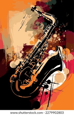 Jazz poster of saxophone. Abstract vector illustration of musical instrument. Colorful performance of musician. Modern flyer drawing of saxophonist player. Concert jazzy music Live entertainment event