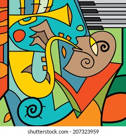 Jazz Poster, Saxophone Player, Piano, Music Instruments (Vector Art)