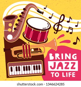 Jazz poster vector design. Colorful jazz background with saxophone, 
trumpet, drum and piano. Vector illustration. 