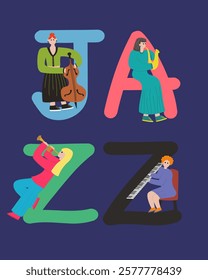 Jazz poster with woman musician characters: double bass, trumpet, piano, saxophone