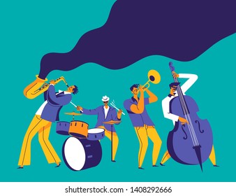 Jazz Quartet. Funky Musicians With Saxophone, Trumpet, Drums And Bass. Modern Flat Colors Illustration.