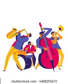 Jazzquartett. Funky Musiker mit Saxophon, Trompete, Schlagzeug und Bass. Moderne Flachfarben-Illustration.