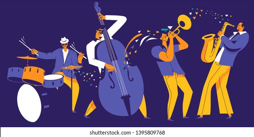 Jazz quartet. Musicians with abstract music wave on dark blue background.