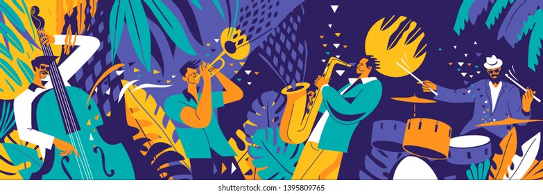 Cuarteto de jazz. Músicos tocando música con fondo floral abstracto.