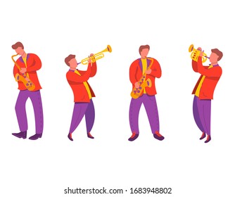 Músicos del cuarteto de jazz con saxofón, trompeta.Notas modernas de ilustración plana vectorial.