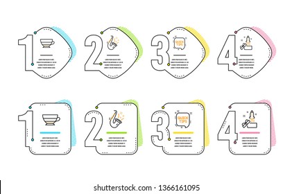 Jazz, Quick tips and Americano icons simple set. Innovation sign. Saxophone, Helpful tricks, Beverage cup. Crowdfunding. Infographic timeline. Line jazz icon. 4 options or steps. Vector