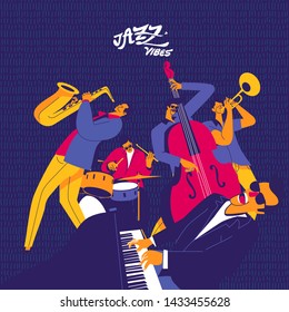 Jazz Quintet. Funky Jazz Band Flat Colors Illustration. Piano, Trumpet, Saxophone, Contrabass And Drums Player.