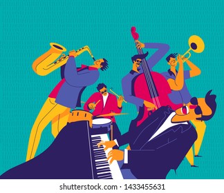 Jazz quintet. Funky musicians with saxophone, trumpet and piano. Modern flat colors illustration.