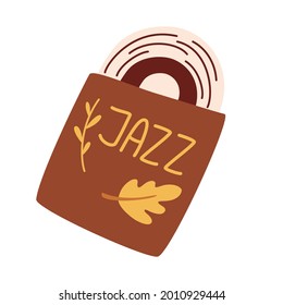 Jazz record. Musical vinyl record in an envelope. Retro style. Music item. Musical vector illustrations flat icon and element. Isolated on white background.