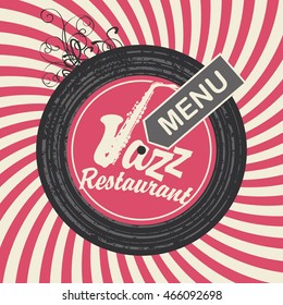 jazz restaurant menu with sax on vinyl in retro style