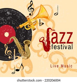 Jazz retro music festival concert live horn performance poster with black vinyl gramophone record abstract vector illustration
