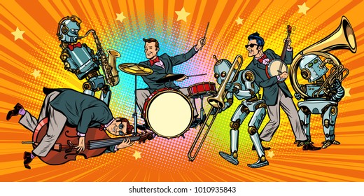 jazz rock n roll band of humans and robots. Pop art retro vector illustration comic cartoon hand drawing