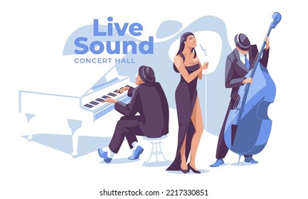 Jazz, Rockabilly Or Classical Music Group: Female Singer, Pianist, Double Bass Player, Isolated On White Background. Music Concert, Performance And Festival. Flat Vector Illustration