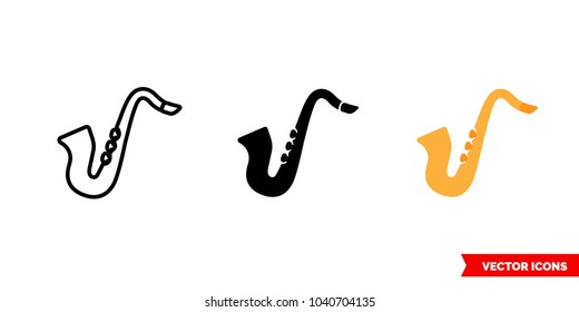 Jazz saxophone icon of 3 types: color, black and white, outline. Isolated vector sign symbol.