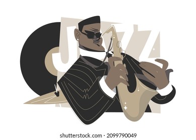 Jazz saxophone man player vector illustration. Classy jazzman in tuxedo playing on saxophone musical instrument flat style. Music, art and blues musician concept. Isolated on white background