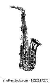 Jazz saxophone in monochrome engraved vintage style. Hand drawn trumpet sketch for blues and ragtime festival poster. Musical classical wind instrument. 