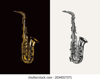 Jazz saxophone in monochrome engraved vintage style. Hand drawn trumpet sketch for blues and ragtime festival poster. Musical classical wind instrument.