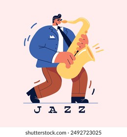 Jazz saxofonista. Personaje plano de dibujos animados. Aislado. Ilustración vectorial, Anuncio creativo