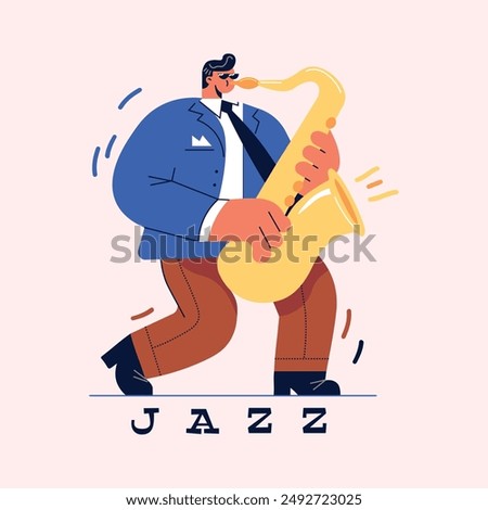 Jazz saxophone player. Cartoon flat character. Isolated. Vector illustration, creative banner