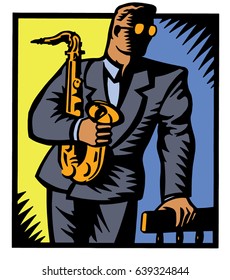 A jazz saxophone player leans against a chair. This vector illustration is created in a woodcut or engraving style.
