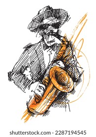 Jazz-Saxophonspieler. Linienzeichnung eines Saxophonisten. Jazzplakat. Jazzmusiker, der Saxophon spielt, Vektorgrafik. Blues Club