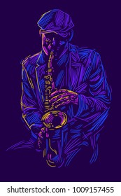 Jazz saxophone player jazz musician saxophonist abstract line grunge style color illustration festival poster 