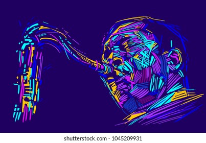 Jazz saxophone player jazz musician saxophonist abstract color vector illustration with large strokes of paint 