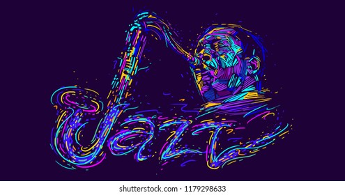 Jazz saxophone player jazz musician saxophonist abstract color vector illustration with large strokes of paint and handwritten text