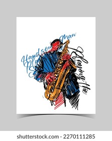 Jazz saxophone player, musician saxophonist abstract line illustration Vevtor.