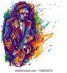 Jazz saxophone player jazz musician saxophonist abstract color vector illustration with large strokes of paint 