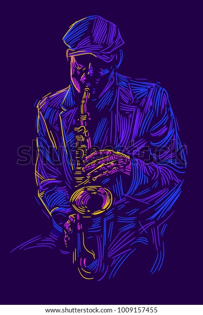 Jazz saxophone\
player jazz musician saxophonist abstract line grunge style color\
illustration festival poster\
