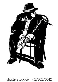 Reproductor de saxofón de jazz en una silla - ilustración vectorial (ideal para imprimir sobre tela o papel, póster o papel tapiz, decoración de la casa) 