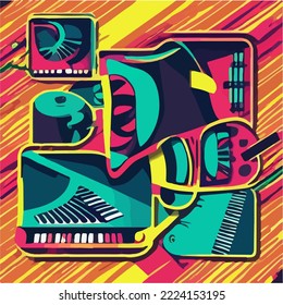 Jazz saxophone player. on sale for jazz poster. Cartoon 3d doodles Musical illustration. Vector background multicolored detailed frame of objects Illustration Vector Cartoon Drawing