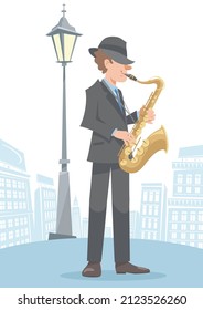 A jazz saxophone player performing on the street. Isolated vector illustration in flat cartoon style.